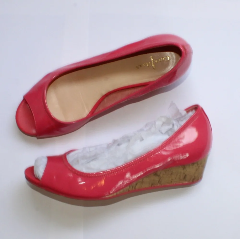 Cole Haan Pink Patent Leather Peep-Toe Wedges with Cork Heel - Picture 2 of 16
